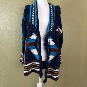 Cocogio Women’s Small Aztec Print Blue Geometric Open Front Cardigan Wool Italy